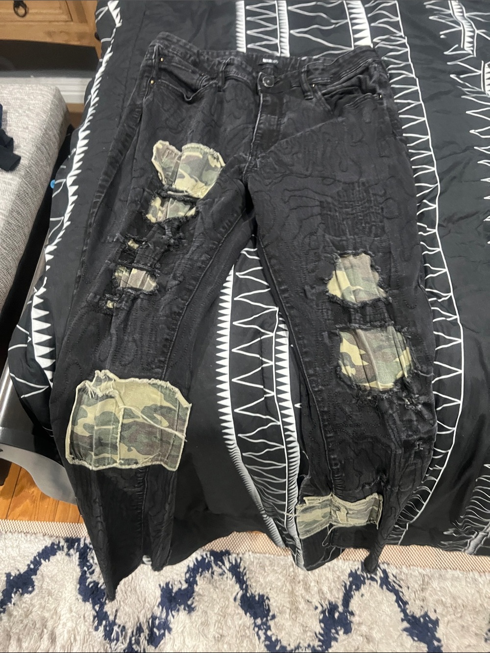 Fashion Nova Black Skinny Jeans with Camo Patch Details